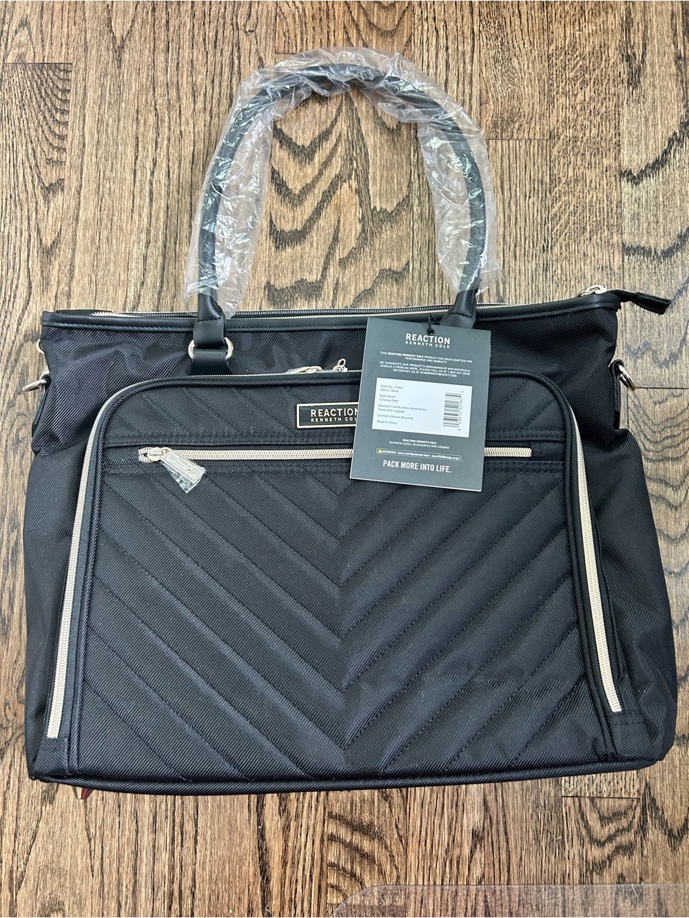 Kenneth Cole Reaction Black Quilted Laptop Tote with Chevron Stitching